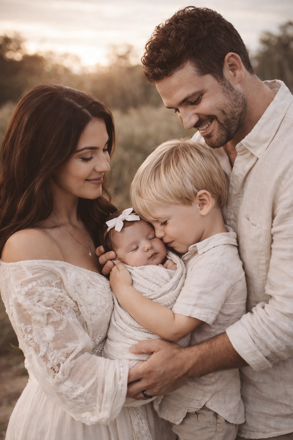 Family embracing together at sunset in a field with warm golden light.