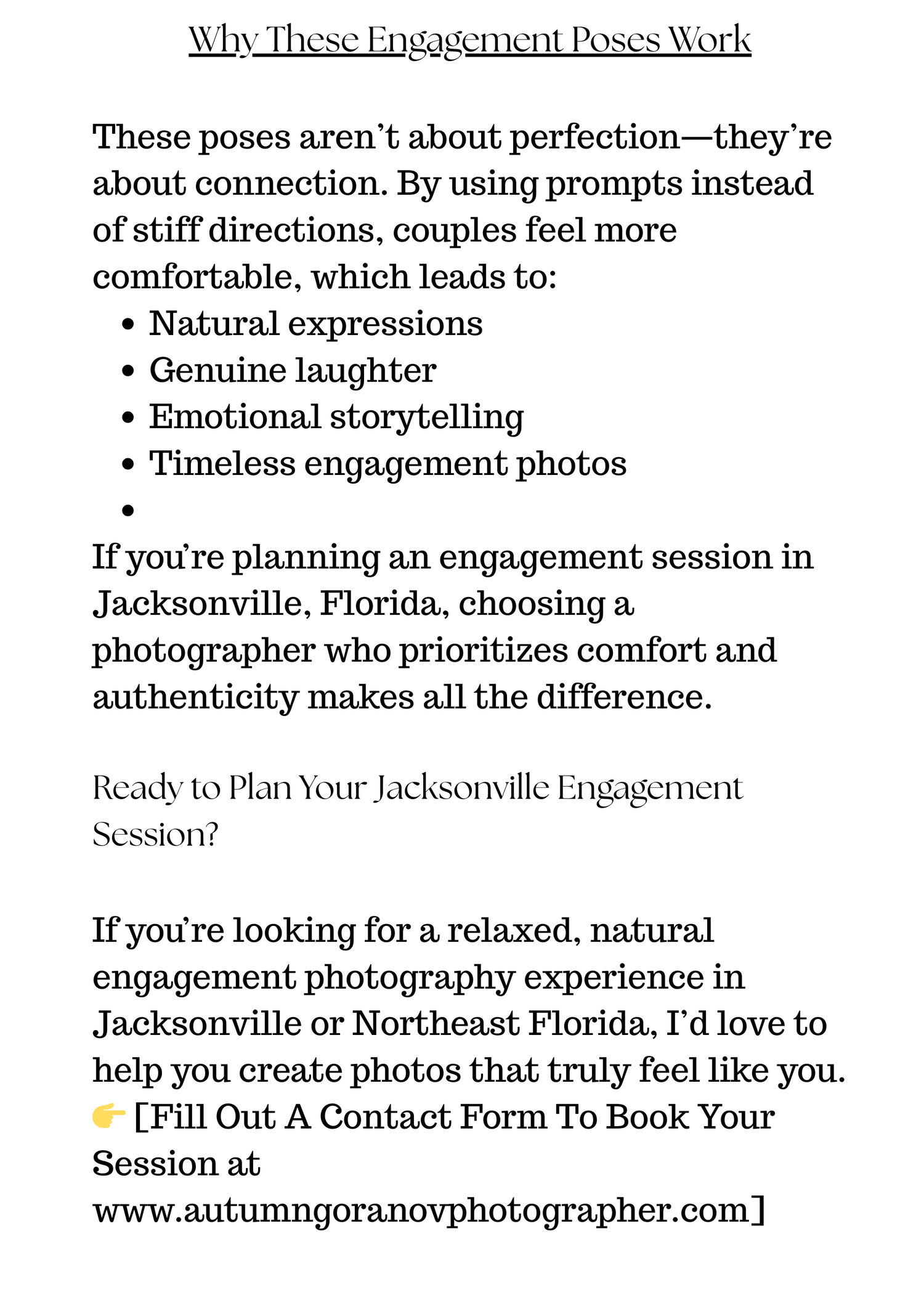 Text snippet about engagement photography poses and tips for natural expressions during photo sessions.