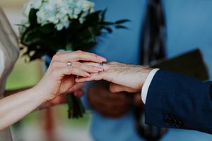 Close-up of hands exchanging wedding rings during a ceremony. wedding photography st louis