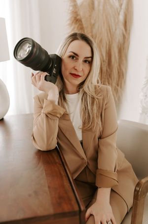 Artistic portrait series showing photographer with camera in neutral tones and natural lighting.