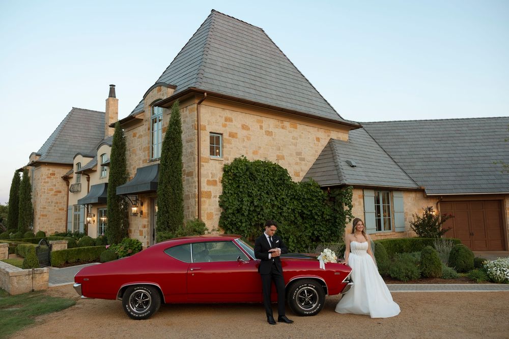 A collage of five wedding venue photos showing a brick mansion exterior and a red classic car parked outside.