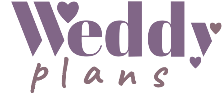 Purple and white wedding planner template with hearts and decorative text designs.