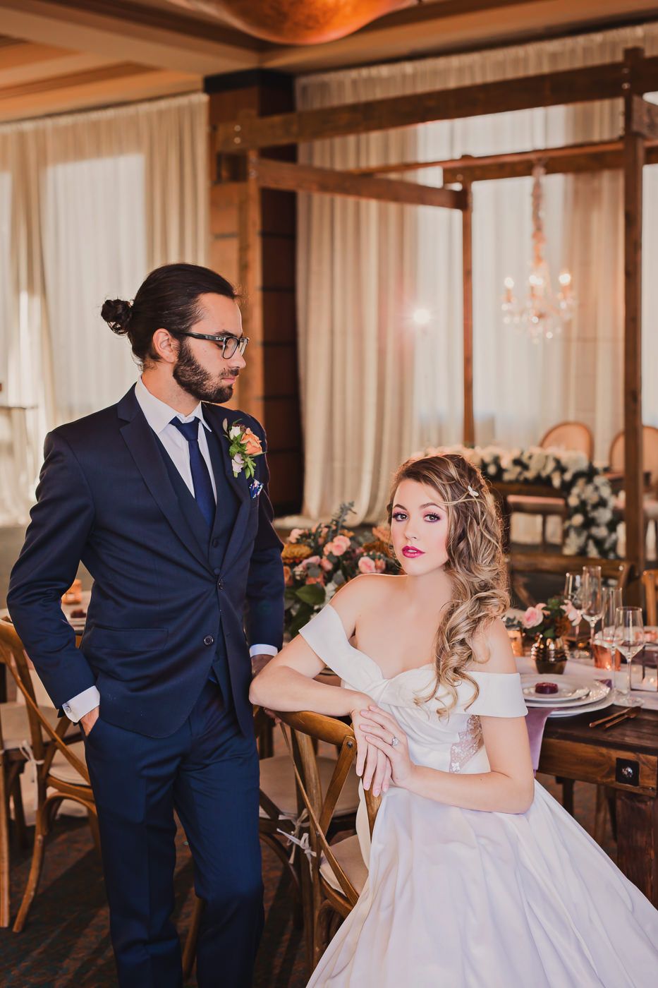 A romantic wedding moment captured in a series of four photos showing a couple dancing in an elegant ballroom setting.