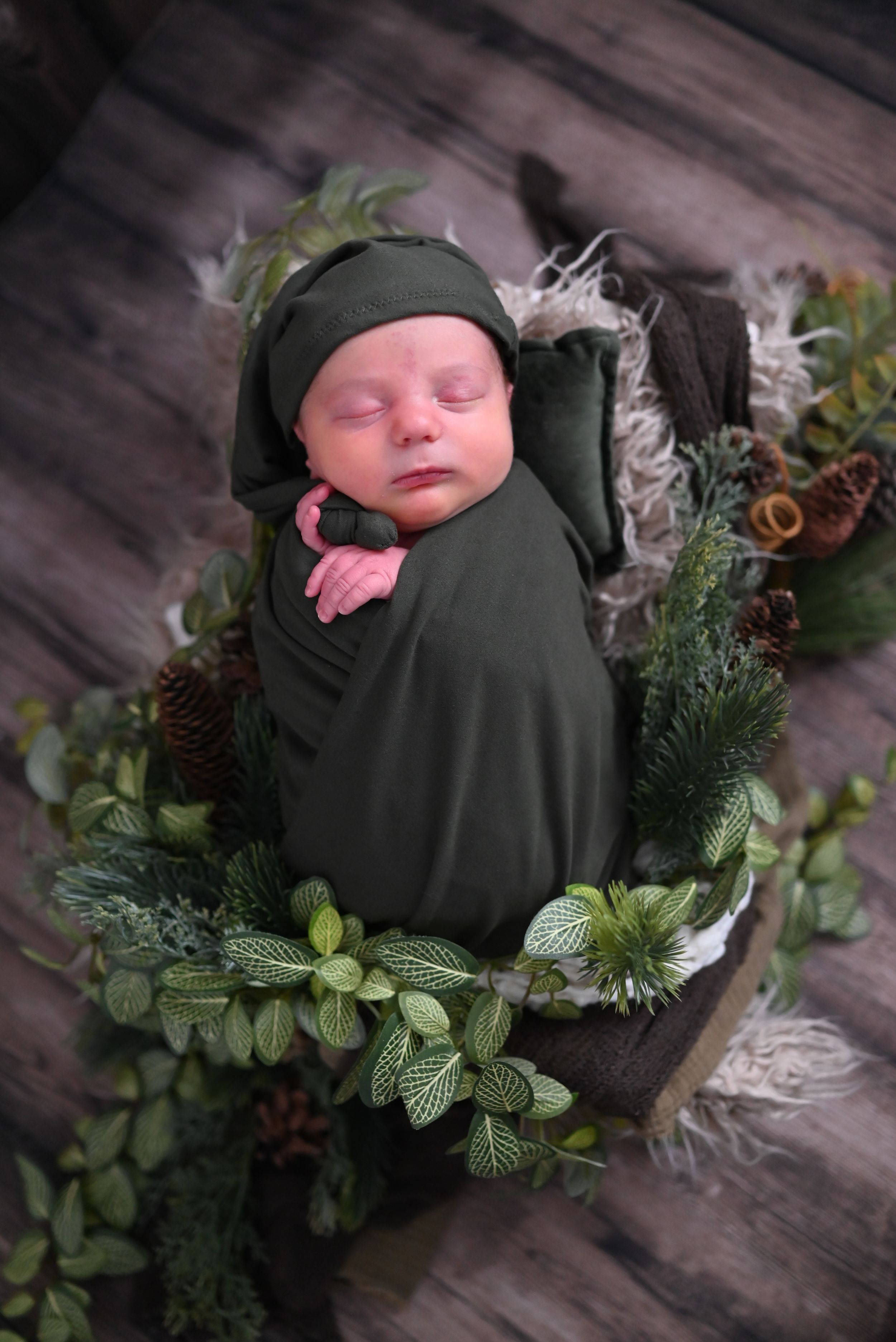 Sleeping newborn wrapped in olive green swaddle nestled in rustic wooden box with pine cones and greenery decorations.