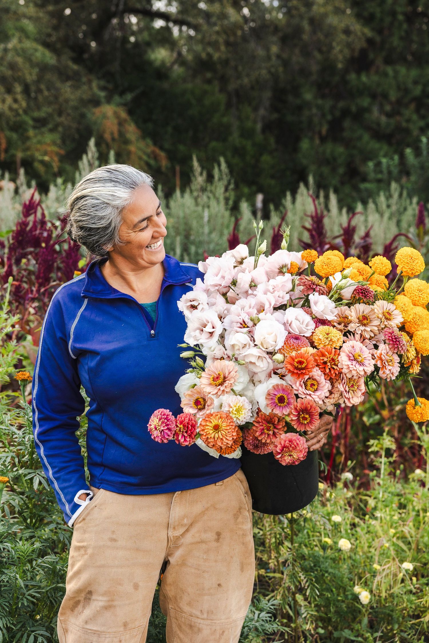 A person in a blue shirt and khaki pants carries armfuls of vibrant orange and pink roses in a garden setting.