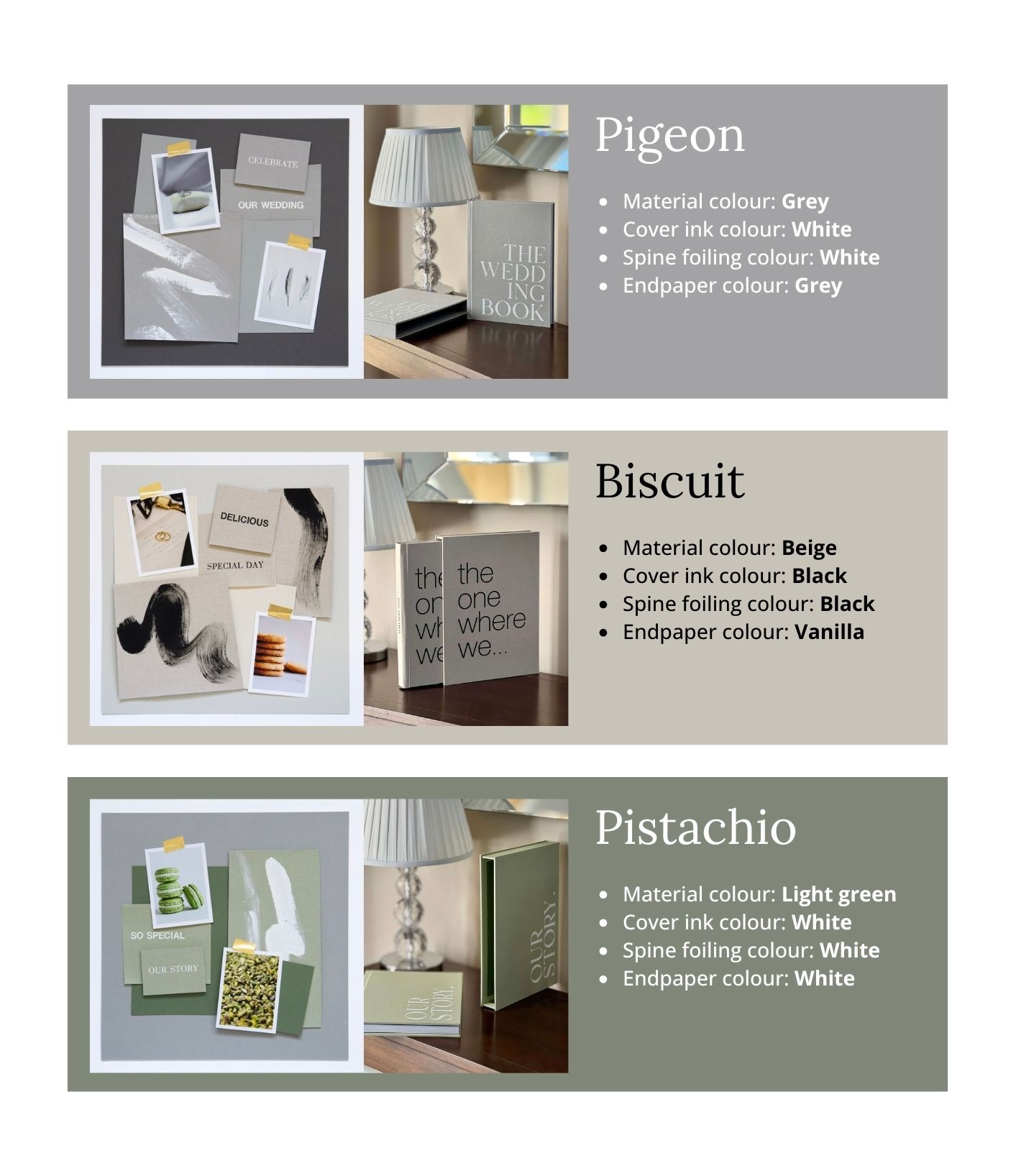 Modern design samples showing color swatches and material options in gray, beige, and light green tones.