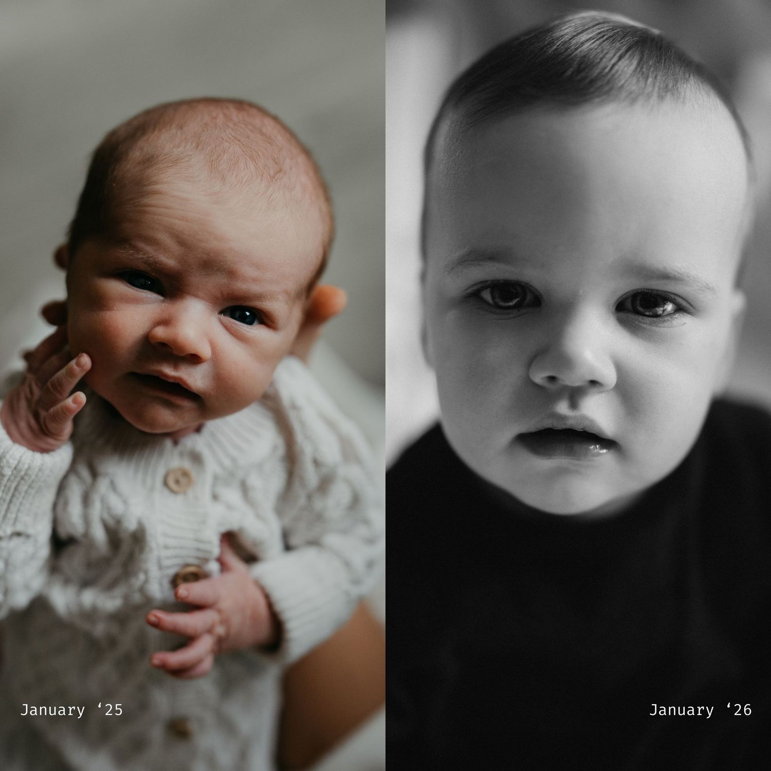a before an after of a boy from when he was a new born to one year old