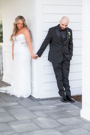 A series of playful wedding photos showing a bride and groom peeking around opposite sides of a white wall.