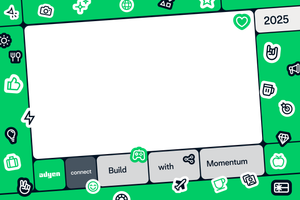 Adyen 2025 Build with Momentum green photo booth frame with keyboard keys and tech icons border.
