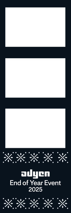 Adyen End of Year Event 2025 photo booth strip with three white frames on black background with pixel snowflake border.