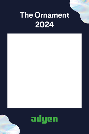 Adyen The Ornament 2024 dark navy photo booth frame with holographic decorative corner accents.