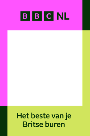 BBC NL Het beste van je Britse buren photo booth frame with white square on bright pink and green background.