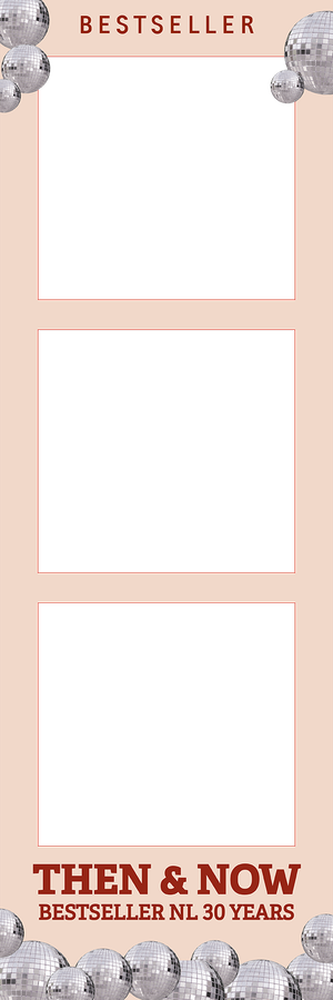 Bestseller NL 30 Years Then & Now photo booth strip template with disco balls on peach background.