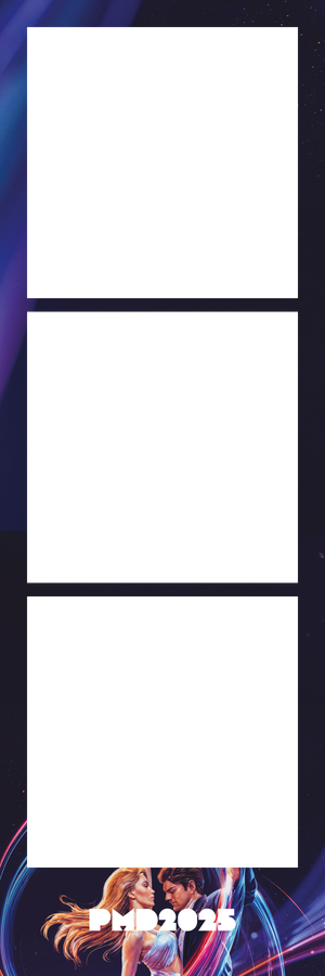 PMD2025 dance event photo booth strip template with purple cosmic background and dancing couple illustration.