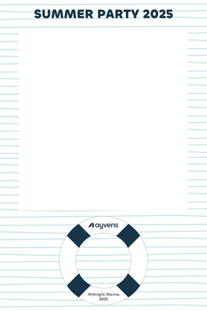Ayvens Summer Party 2025 Midnight Marina photo booth template with nautical life preserver on striped background.