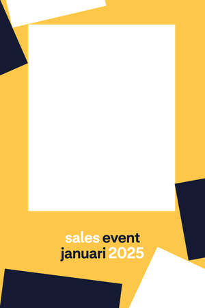 Yellow sales event January 2025 photo booth frame template with dark navy geometric shapes.