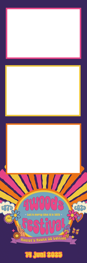 4Woods Festival Roelofs Route 50 Edition retro groovy photo booth strip template dated 14 juni 2025.