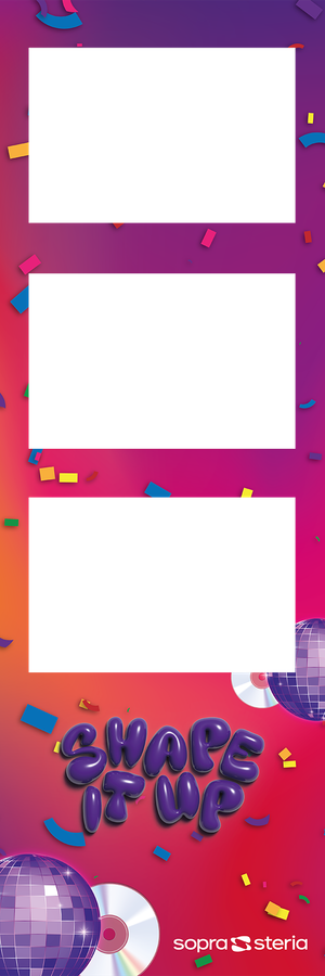 Sopra Steria Shape It Up photo booth strip with colorful confetti, disco balls, and purple gradient background.