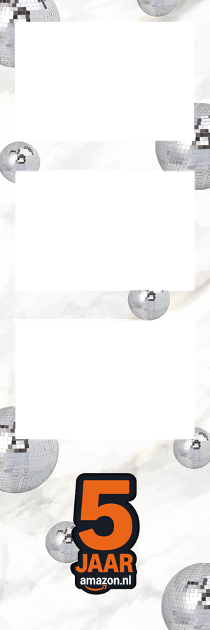 Amazon.nl 5 jaar anniversary photo booth strip template with disco balls on marble background.