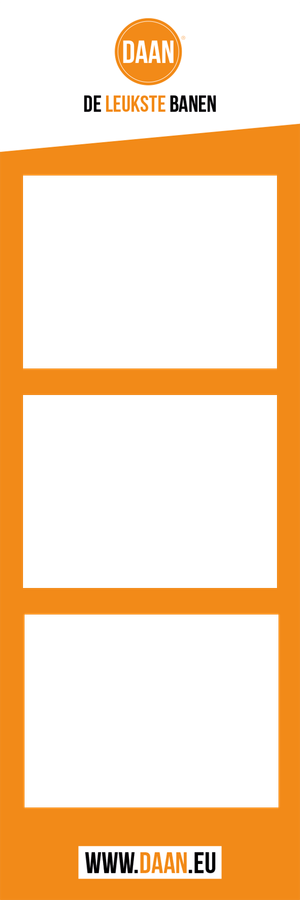 DAAN De Leukste Banen orange and white branded photo booth strip template with www.daan.eu footer.