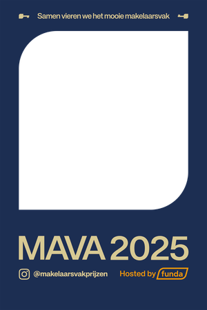 MAVA 2025 photo booth frame hosted by Funda with rounded white square on navy blue background with gold text.