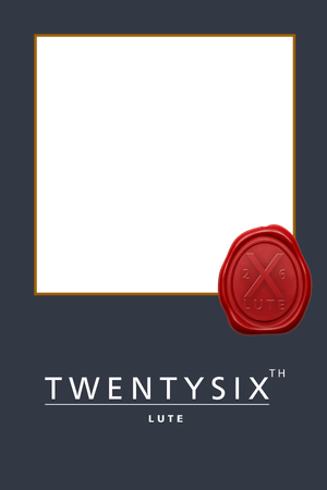 Elegant dark navy photo booth frame template with gold border, red wax seal, and TwentySix Lute branding.