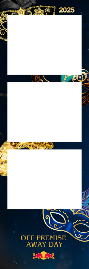 Red Bull Off Premise Away Day 2025 masquerade themed photo booth strip with three frames and gold carnival masks.