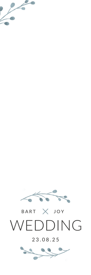 Bart and Joy minimalist white wedding photo booth template with blue botanical branches dated 23.08.25.