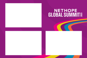 NetHope Global Summit photo booth frame with four white rectangles on purple background with colorful wave design.