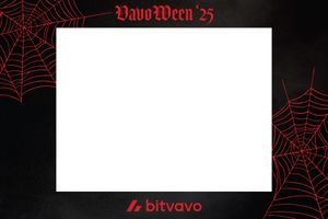 Bitvavo BtvavoWeen 25 Halloween photo booth frame with red spider webs on black background.