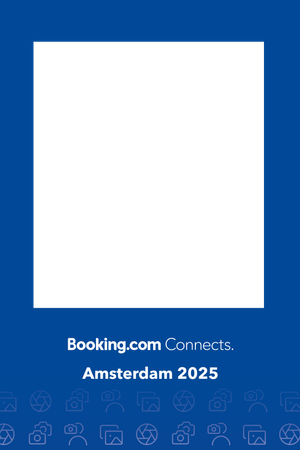 Booking.com Connects Amsterdam 2025 photo booth frame with white square on royal blue background with travel icons.