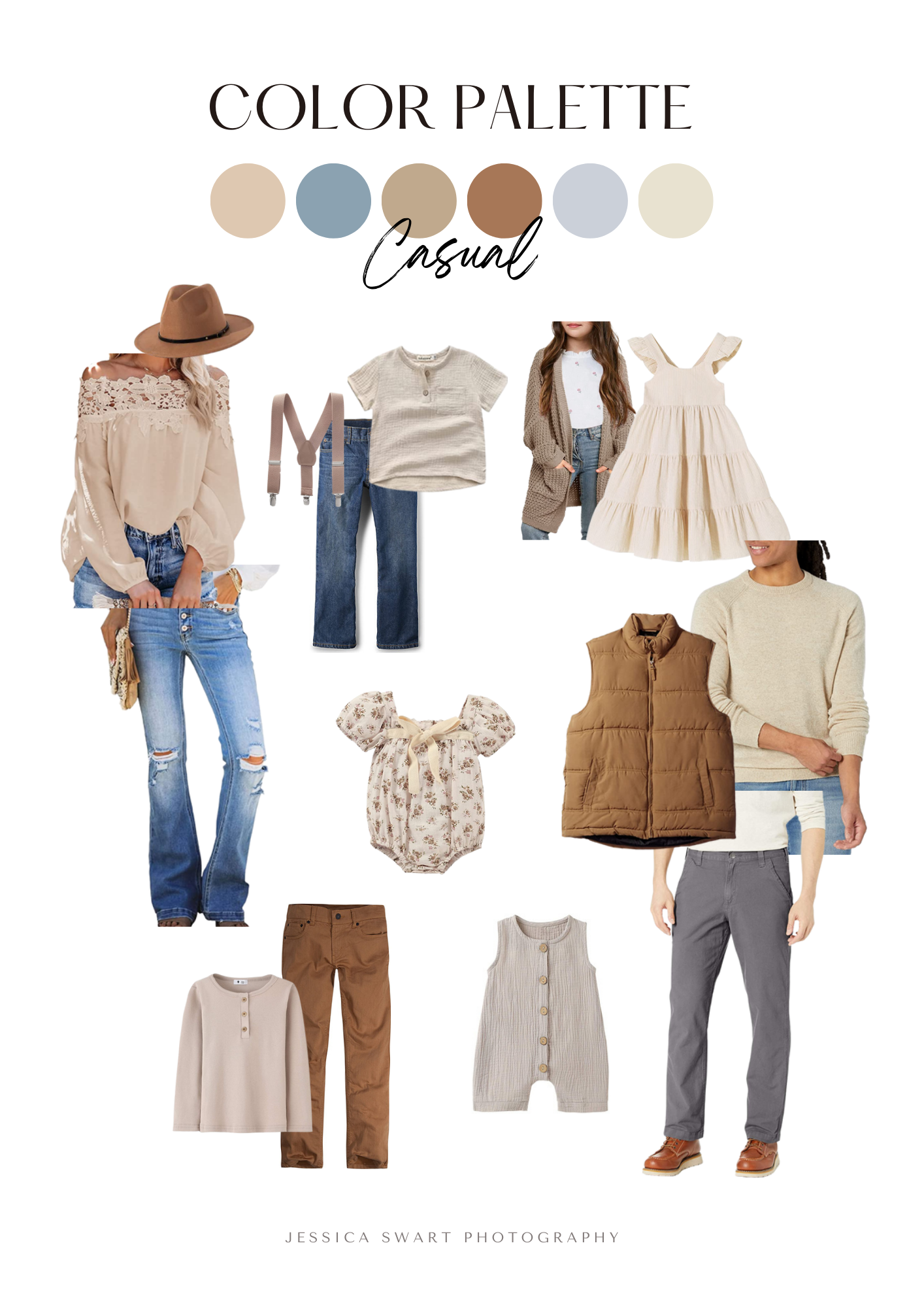 Casual fashion mood board featuring neutral earth tones with denim, beige and brown coordinated outfit options.