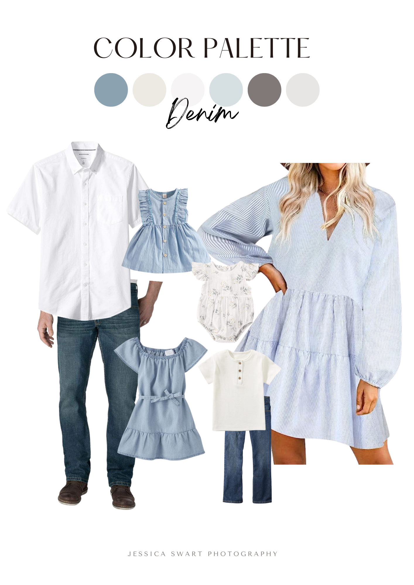 Family fashion mood board with denim blue and white color palette showing coordinated casual outfits.