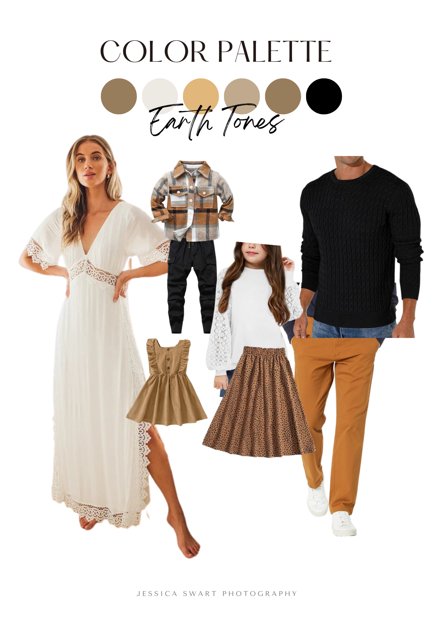 Color palette mood board featuring earth tone outfits with brown, beige and black coordinated family clothing styles.