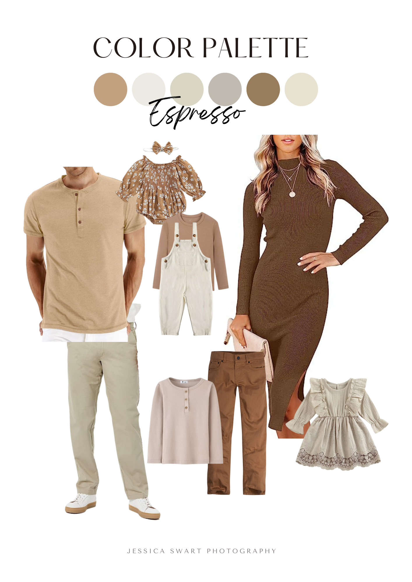 Espresso color palette fashion board with brown and beige family outfit combinations.