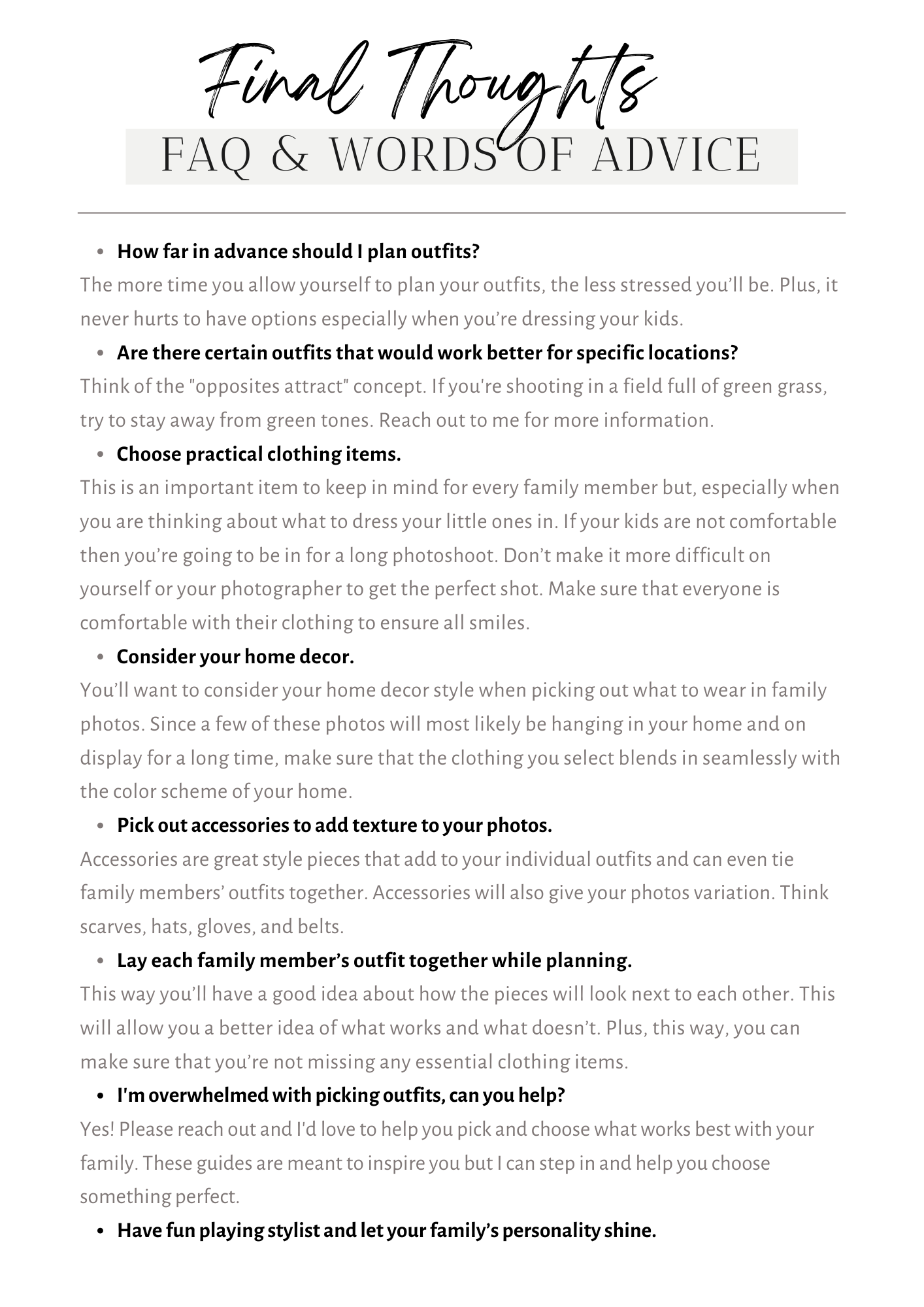 FAQ and wardrobe advice page with typography and text layout for family photo sessions.