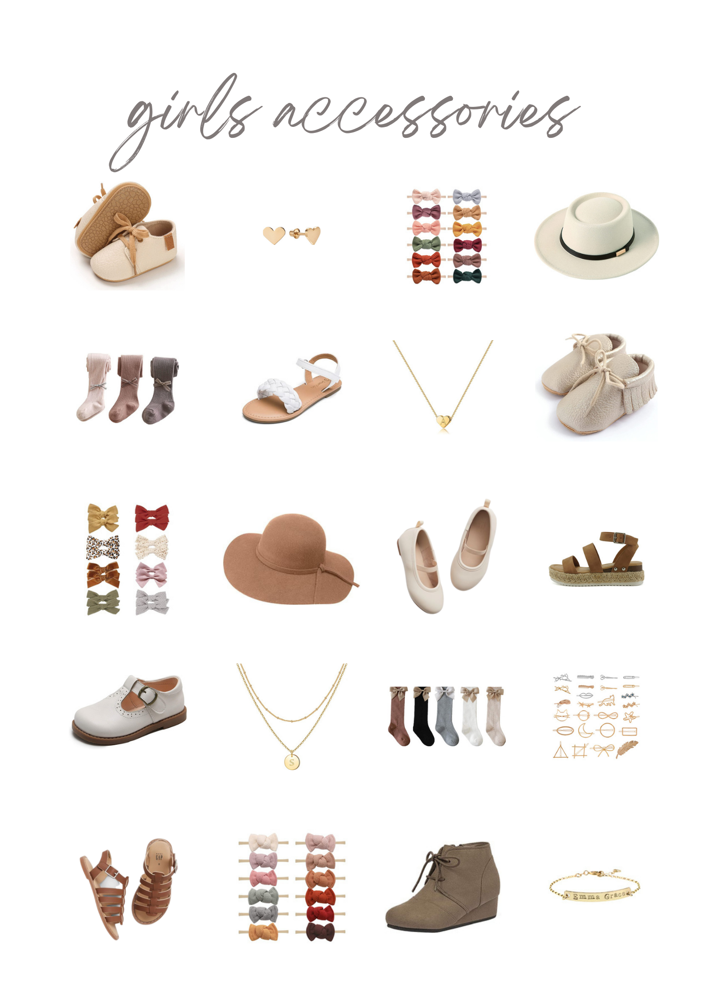 Girls accessories collection featuring hair clips, necklaces, shoes, socks and hats in neutral colors.