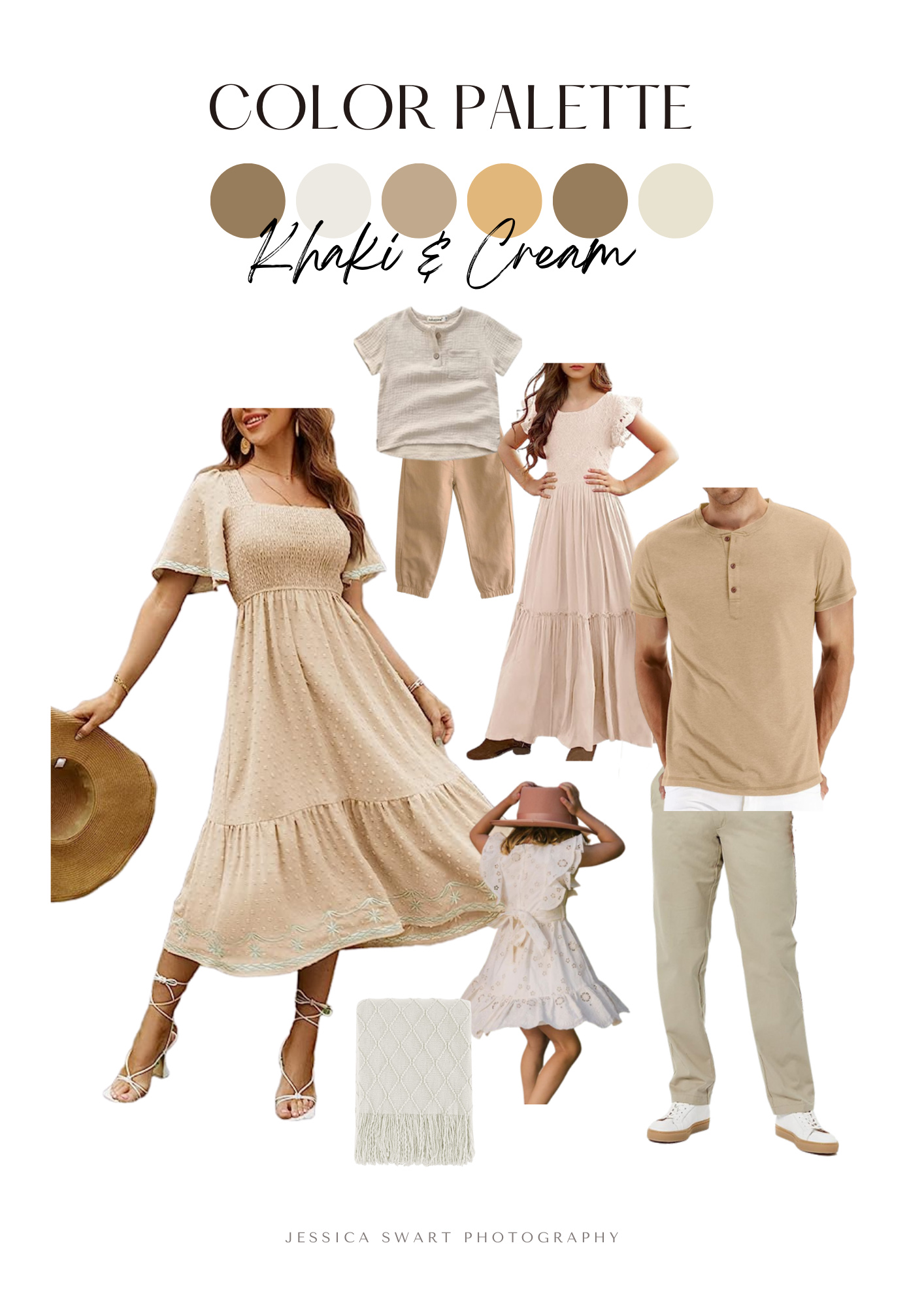 Fashion mood board featuring pinks and cream colored family outfit coordination with maxi dresses.