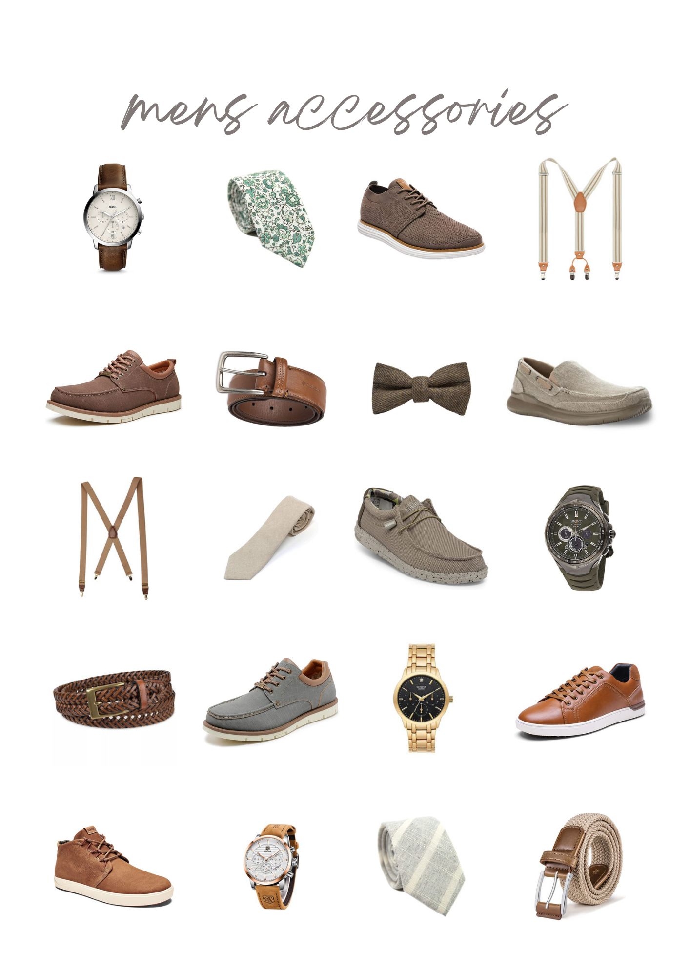 Collection of men's accessories including watches, ties, belts, shoes and suspenders in brown and neutral tones.
