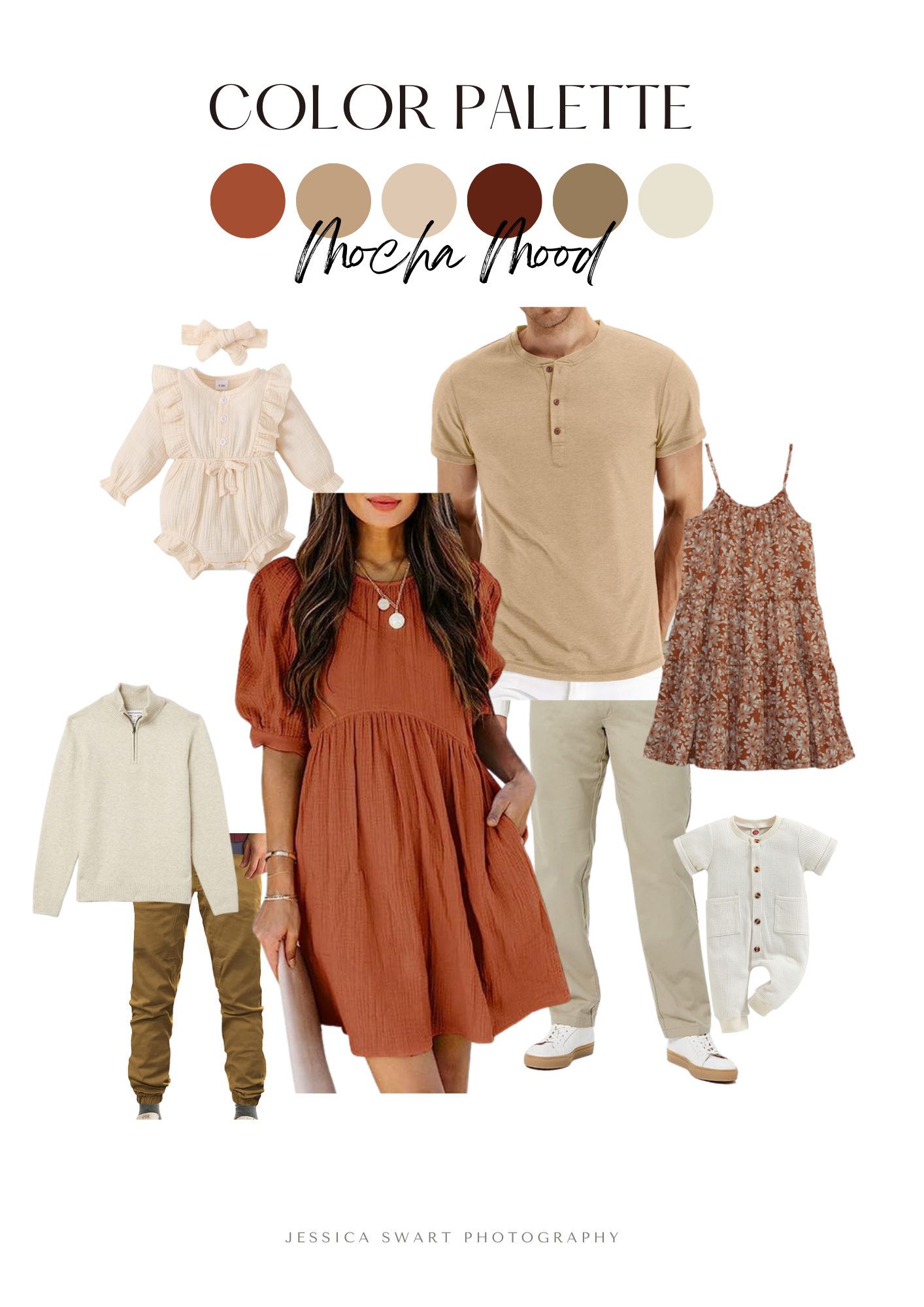 Modern mood fashion board with rust and tan colored family outfits featuring dresses and casual wear.