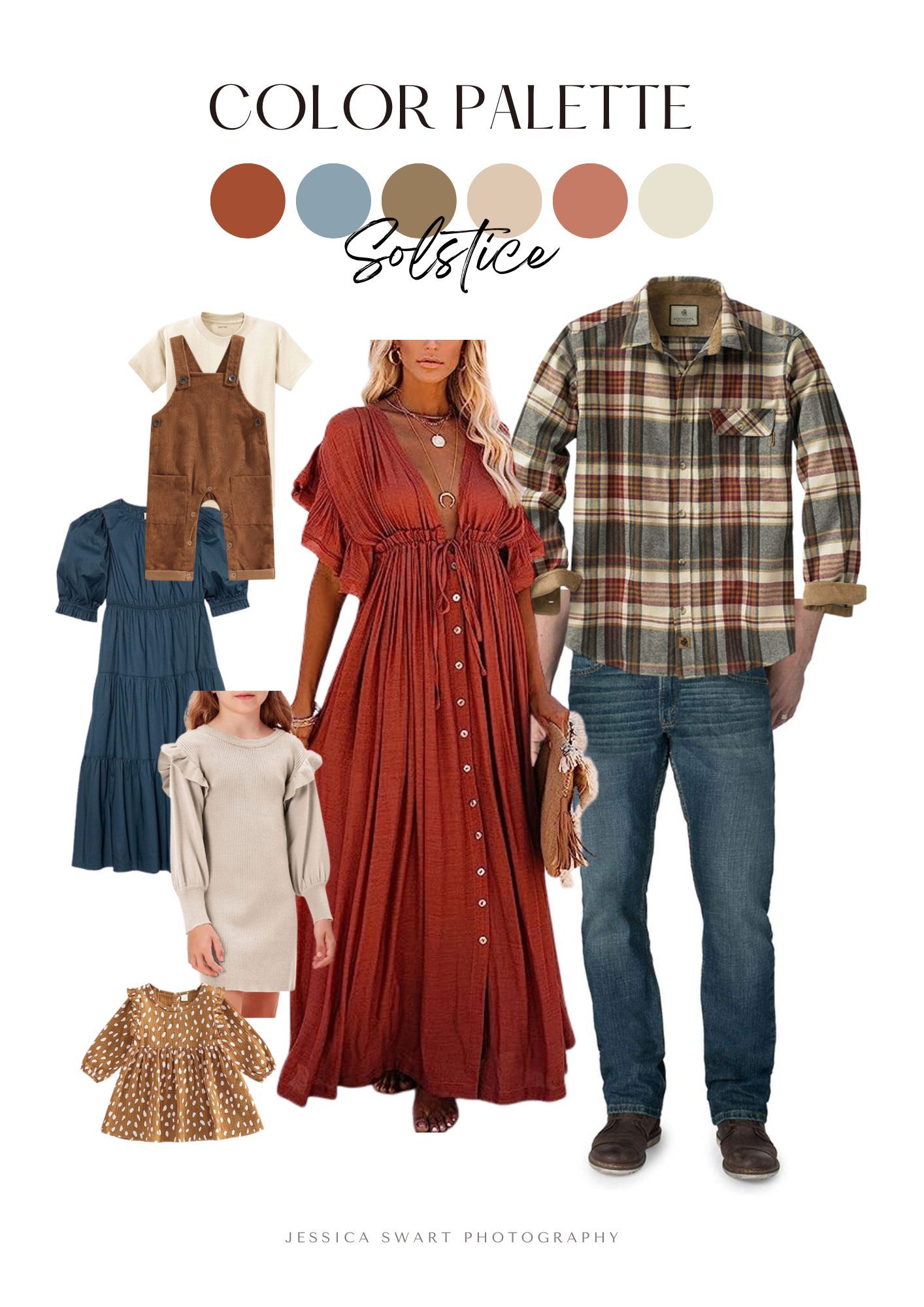 Fall family photo outfit inspiration with rust red, blue and beige tones featuring dresses, plaid shirts and coordinating pieces.