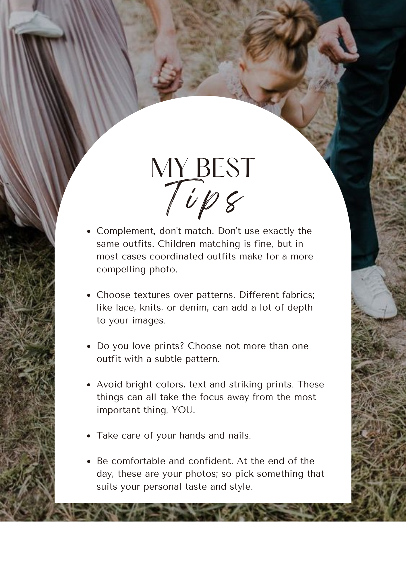 Tips card for portrait session outfits and styling choices.