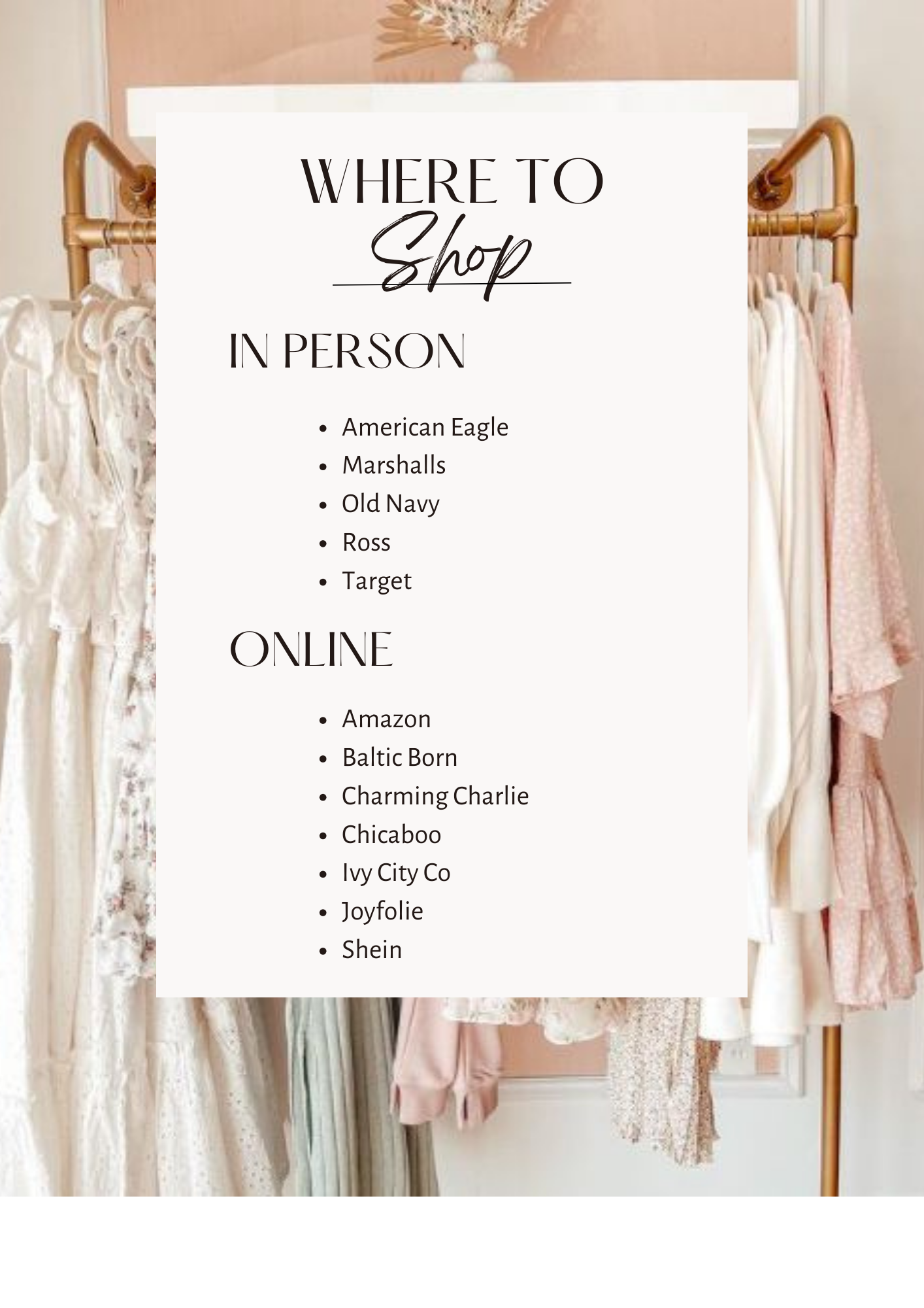 Shopping guide showing popular clothing stores both in-person and online against hanging garments.