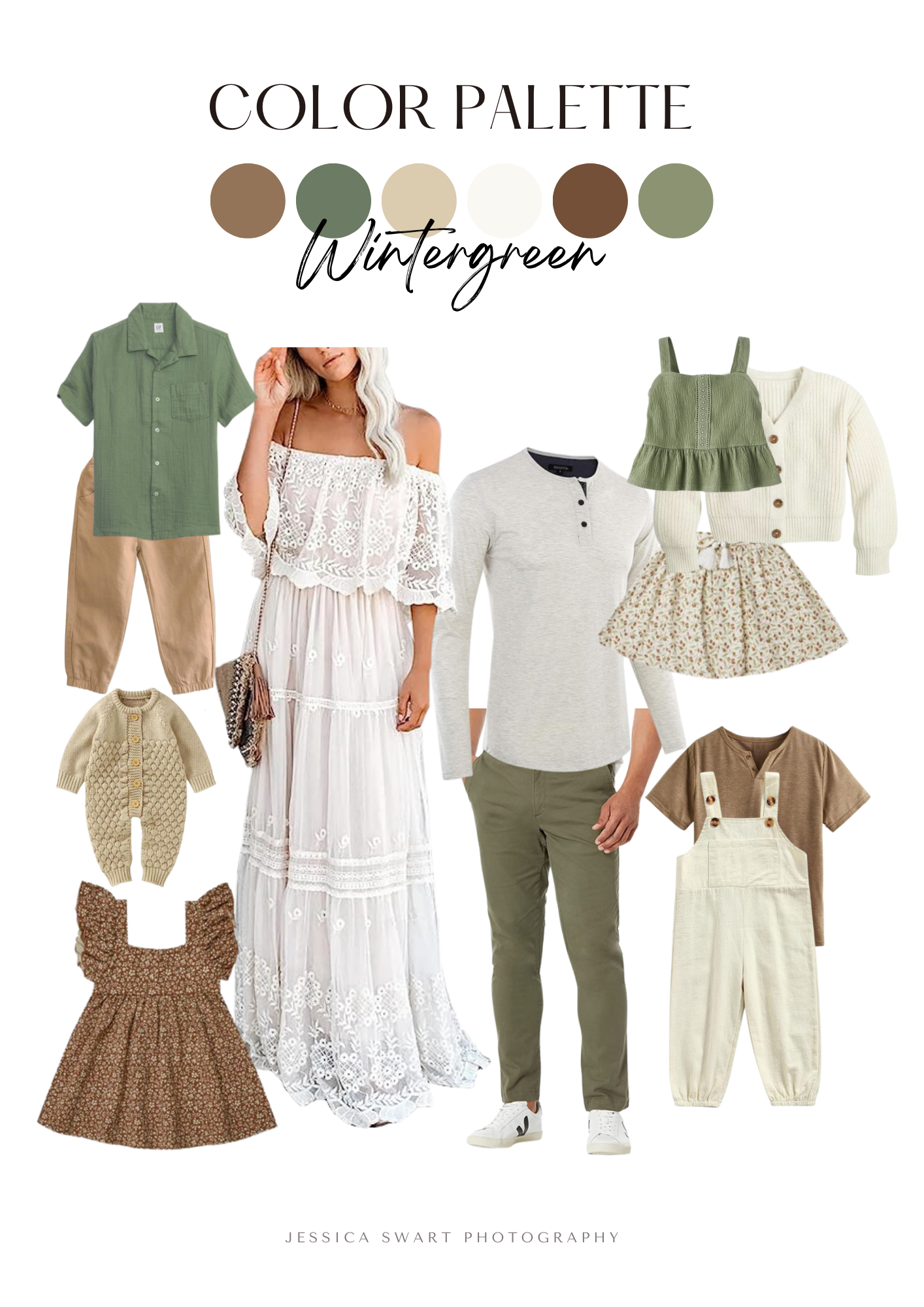 Fashion color palette in wintergreen showing coordinated family outfits and clothing pieces.