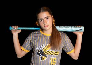 Softball player in gray jersey poses with bat against dark background.