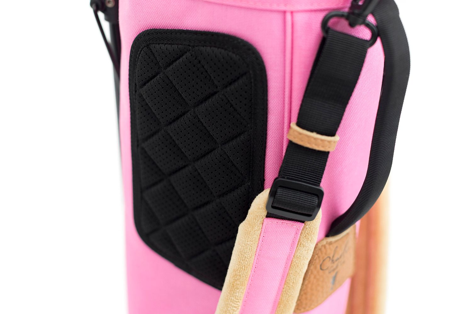 Pink and black quilted golf club padding for junior golf bags from Charlie Golf Co small business branding