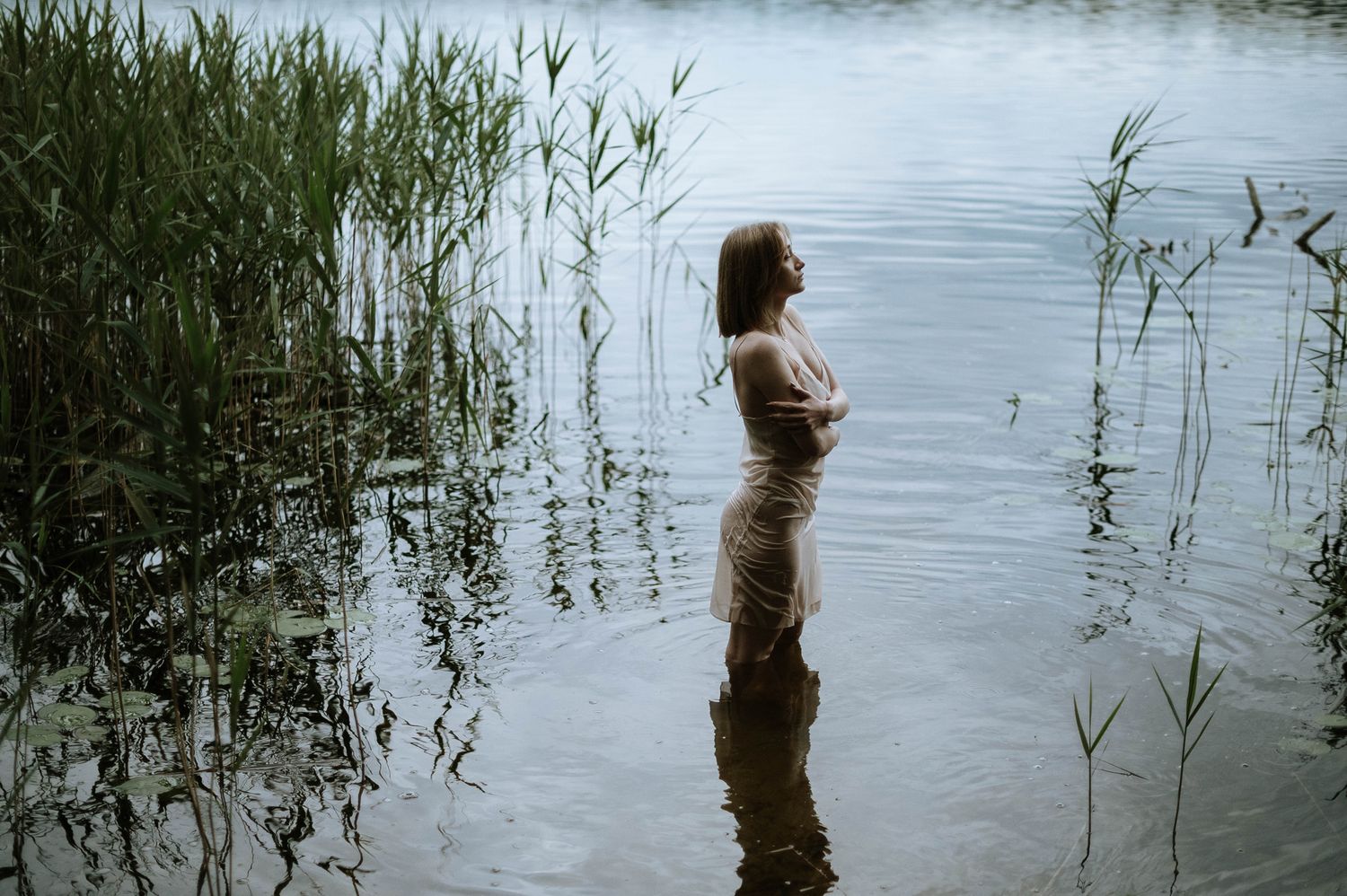 A person wades through shallow water with tall reeds and grass growing along the shoreline.