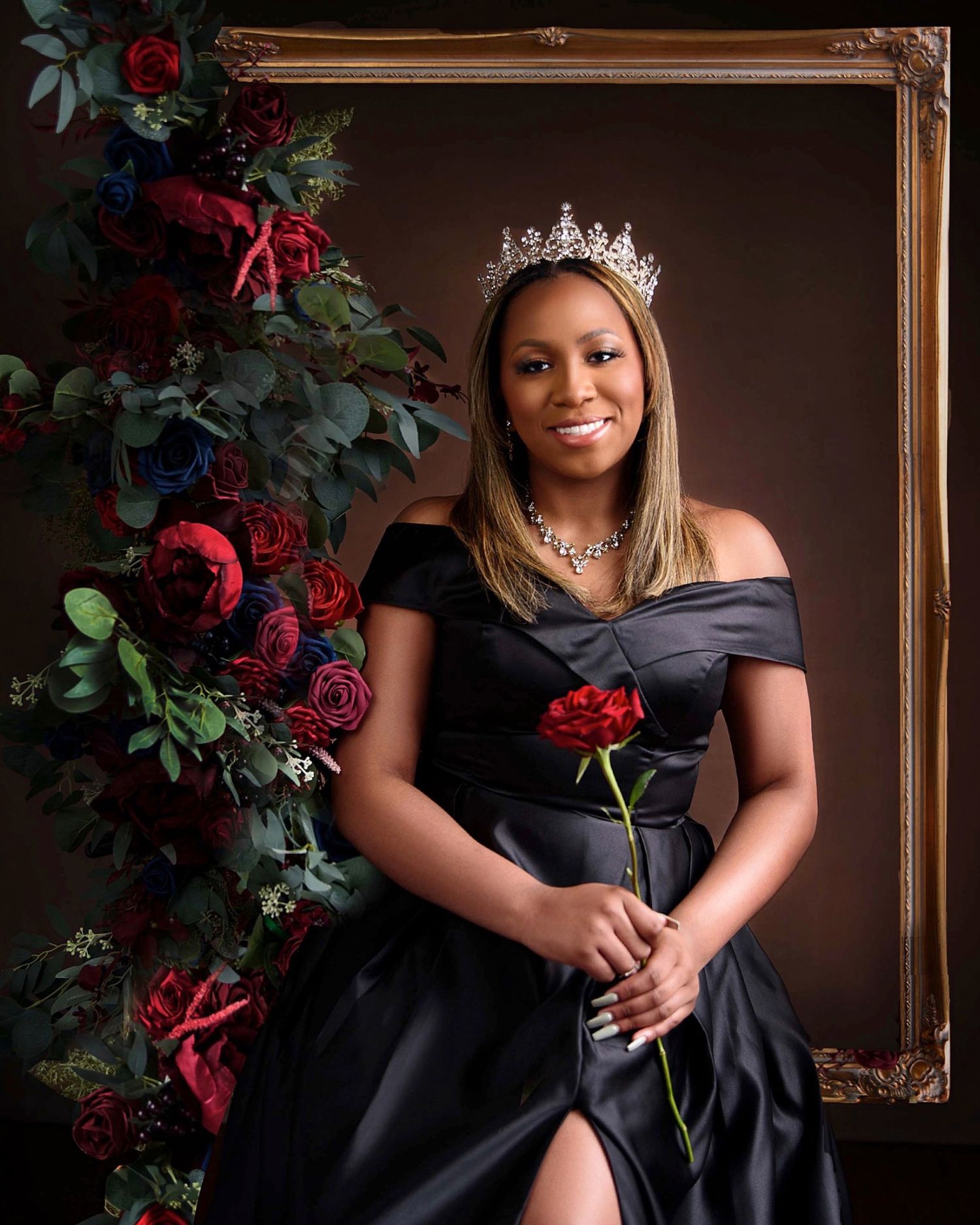 A series of moody portrait photos featuring dark dresses and red roses against a brown backdrop with ornate frames.