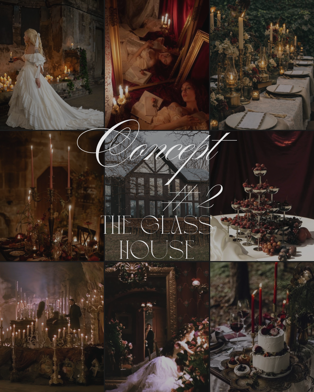 Moody gothic wedding reception setup with dark candlelit tables, crystal chandeliers and romantic floral arrangements.