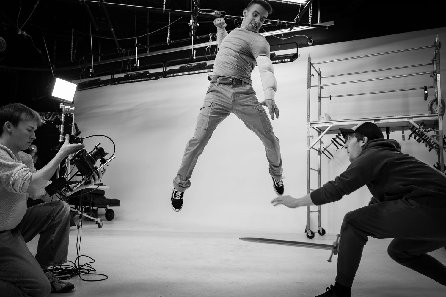 black and white behind the scenes work on film set.